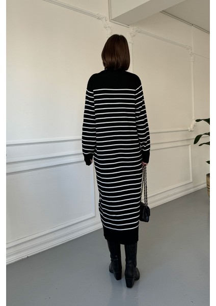 Orijinal Marka Çizgili Triko Elbise- Siyah