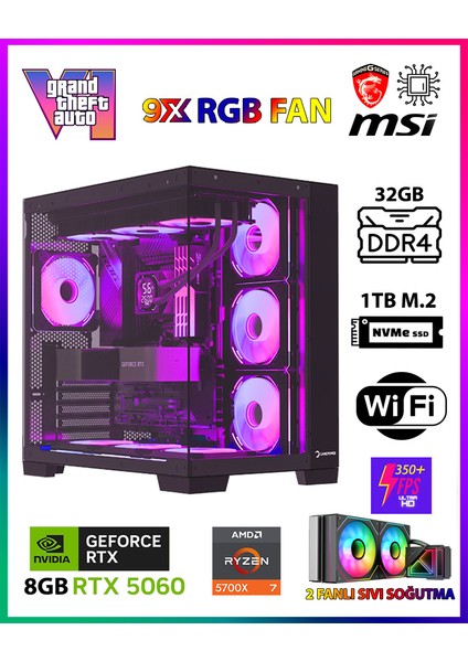 GTA-VI X32 💎 Ryzen 7 5700X 32GB Ram 1TB M.2 Nvme SSD 8GB GDDR7 RTX5060 Ekran Kartı Oyuncu Masaüstü Bilgisayarı