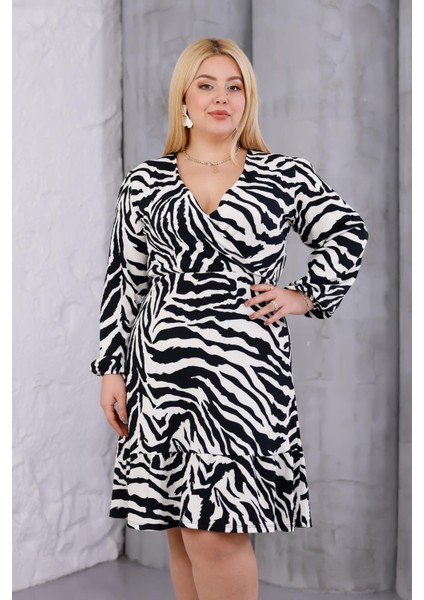 Kadın Siyah Beyaz Zebra Desen Kruvaze Yaka Esnek Bel Büyük Beden Elbise indirimleri