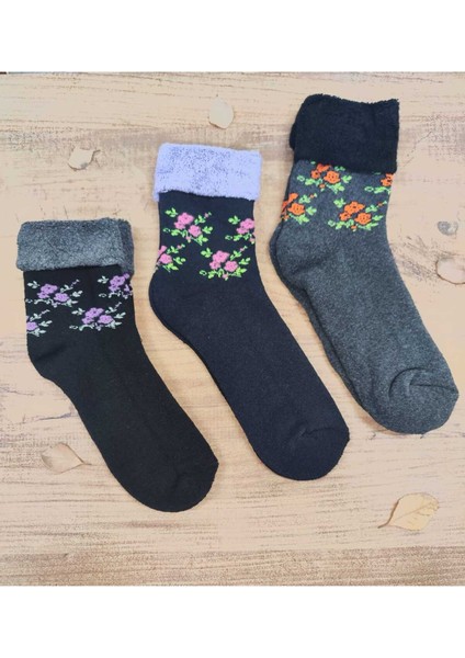3 Çift Kadın Kıvrık Havlu Kışlık Çorap Desenli Pamuklu Çorap