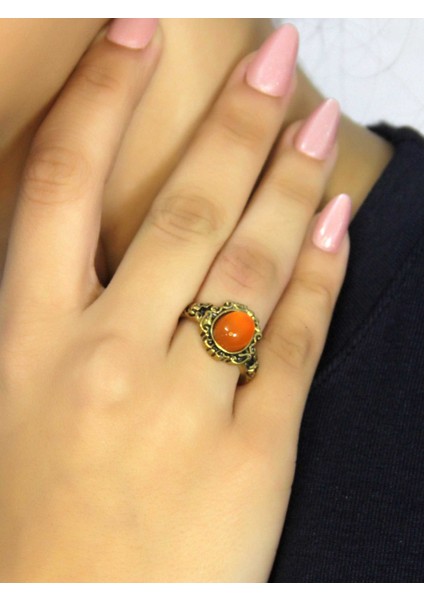 Doğal Taş Akik Yuvarlak Doğal Taşlı Antik Model Kadın Ayarlanabillir Yüzük EUY80A