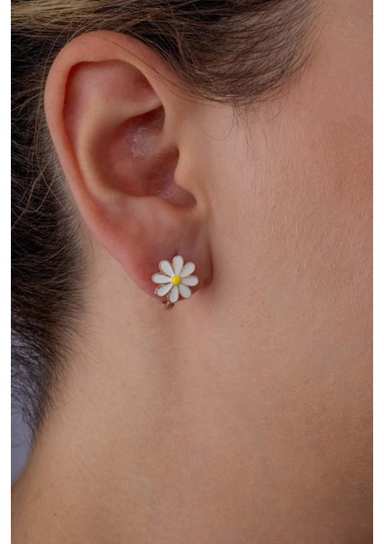 Mineli Papatya Motifli Gümüş J Küpe