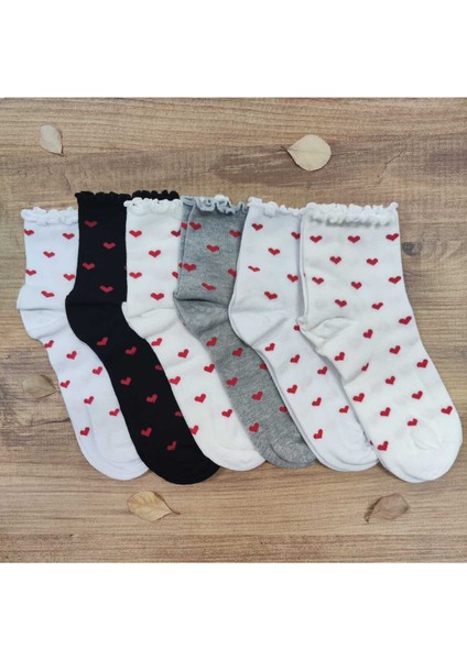 6 Çift Kadın Pamuklu Dikişsiz Kaliteli Kalpli Kıvrık Konç