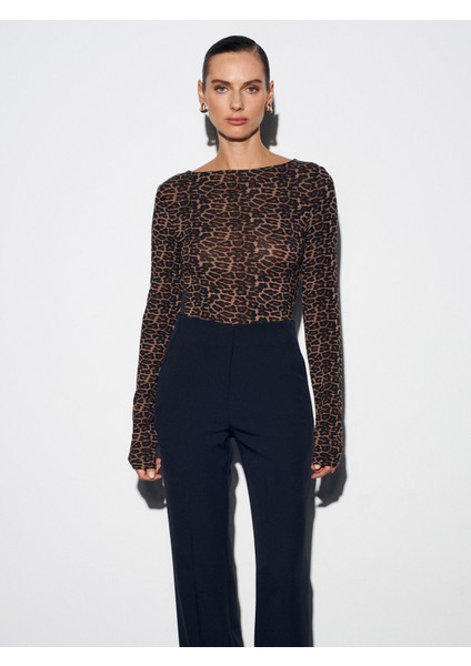 32206 Leopar Desen Kayık Yaka Top-Kahve modelleri