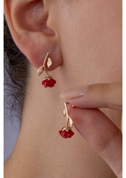 Kırmızı Gül Gümüş Küpe