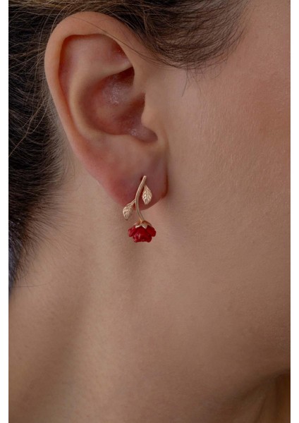 Kırmızı Gül Gümüş Küpe modelleri