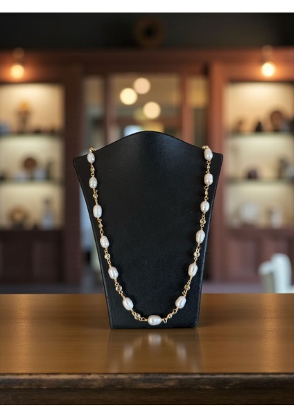 Gold Zincir Detaylı Sertifikalı Oriijnal Arpa Inci Kolye 45 cm