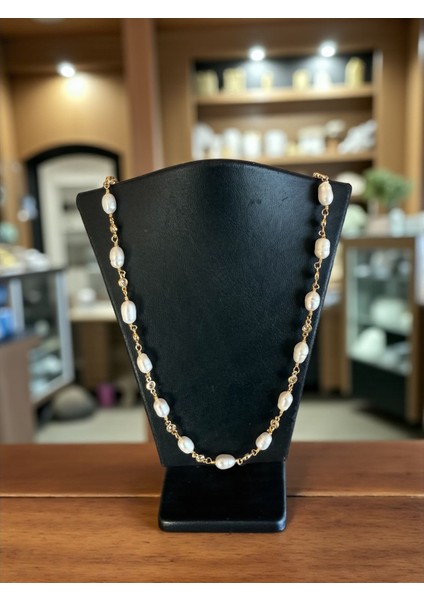 Gold Zincir Detaylı Sertifikalı Oriijnal Arpa Inci Kolye 45 cm modelleri