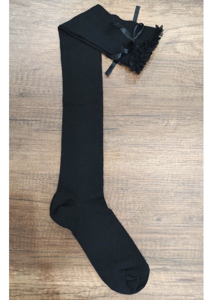 Kadın Diz Üstü Dantelli Fiyonklu Uzun Çorap Pamuklu Penye