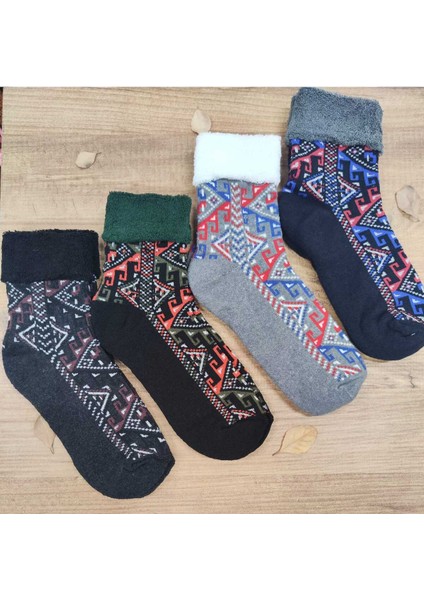 4 Çift Kadın Kıvrık Havlu Kışlık Çorap Desenli Pamuklu Çorap