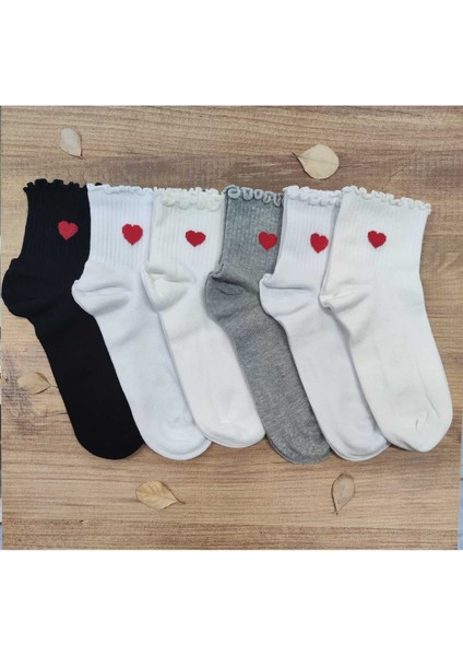 6 Çift Kadın Pamuklu Dikişsiz Kaliteli Kalpli Kıvrık Konç