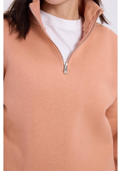 Kadın Relax Fit Rahat Kesim Pamuklu Içi Polarlı Yarım Fermuarlı Yavruağzı Dik Yaka Sweatshirt modelleri
