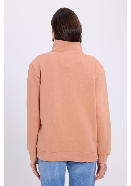Kadın Relax Fit Rahat Kesim Pamuklu Içi Polarlı Yarım Fermuarlı Yavruağzı Dik Yaka Sweatshirt