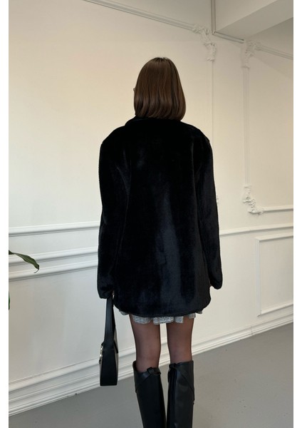 Kruvaze Cepli Tüylü Ceket- Siyah