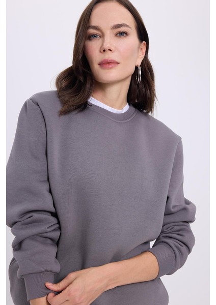 Kadın Oversize Geniş Kesim Pamuklu Yumuşak Dokulu Içi Polarlı Basic Gri Bisiklet Yaka Sweatshirt fiyatları