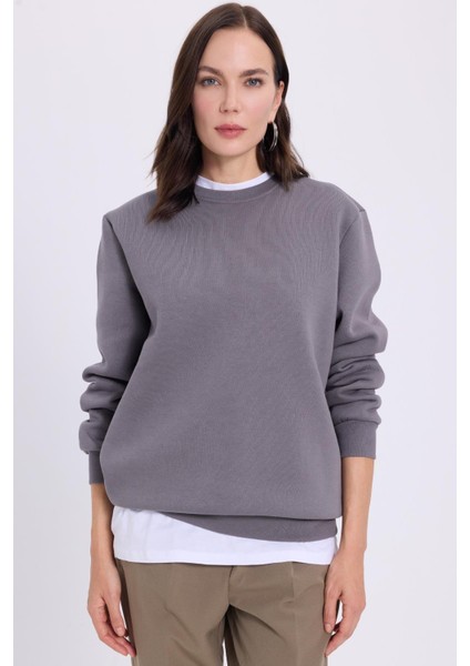 Kadın Oversize Geniş Kesim Pamuklu Yumuşak Dokulu Içi Polarlı Basic Gri Bisiklet Yaka Sweatshirt indirimleri