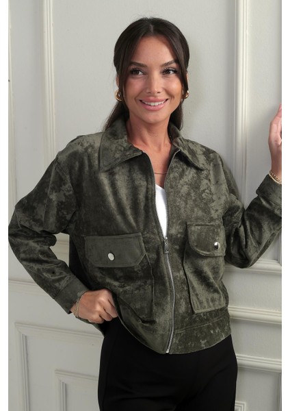 Kadın Torba Cepli Önü Fermuarlı Süet Mont