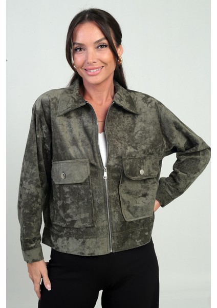 Kadın Torba Cepli Önü Fermuarlı Süet Mont modelleri