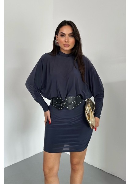 Kadın Elbise Mini Şık Kemerli Yarım Balıkçı Yaka Uzun Yarasa Kollu Dökümlü Sandy Elbise fiyatları
