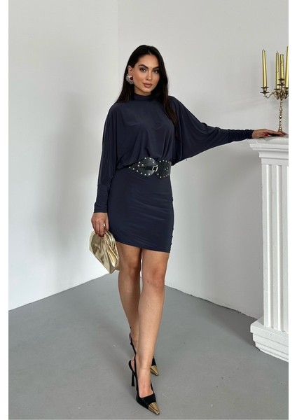 Kadın Elbise Mini Şık Kemerli Yarım Balıkçı Yaka Uzun Yarasa Kollu Dökümlü Sandy Elbise fırsatları