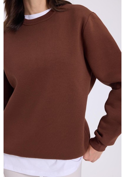Kadın Oversize Geniş Kesim Pamuklu Yumuşak Dokulu Içi Polarlı Basic Kahverengi Bisiklet Yaka Sweatshirt modelleri