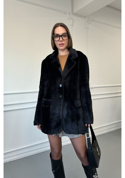 Kruvaze Cepli Tüylü Ceket- Siyah