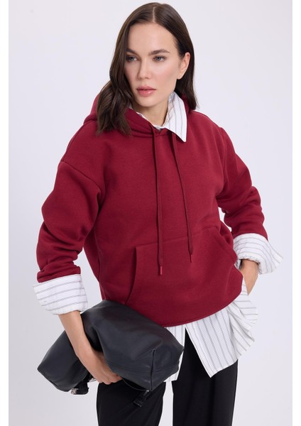 Kadın Oversize Geniş Kesim Pamuklu Yumuşak Dokulu Içi Polarlı Basic Bordo Kapüşonlu Sweatshirt fırsatları