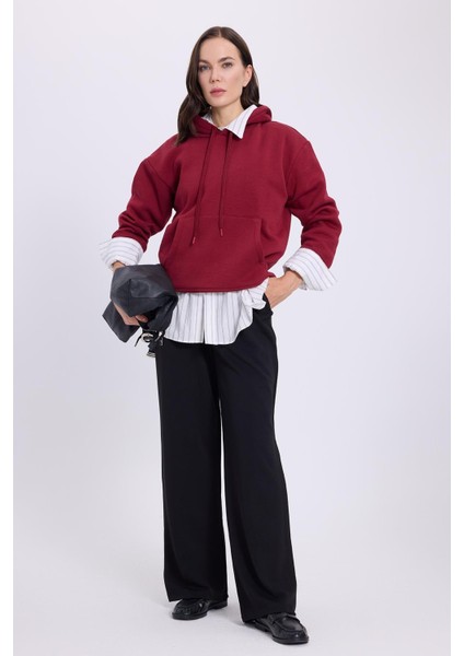 Kadın Oversize Geniş Kesim Pamuklu Yumuşak Dokulu Içi Polarlı Basic Bordo Kapüşonlu Sweatshirt indirimleri