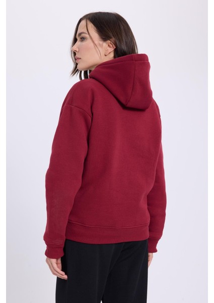 Kadın Oversize Geniş Kesim Pamuklu Yumuşak Dokulu Içi Polarlı Basic Bordo Kapüşonlu Sweatshirt