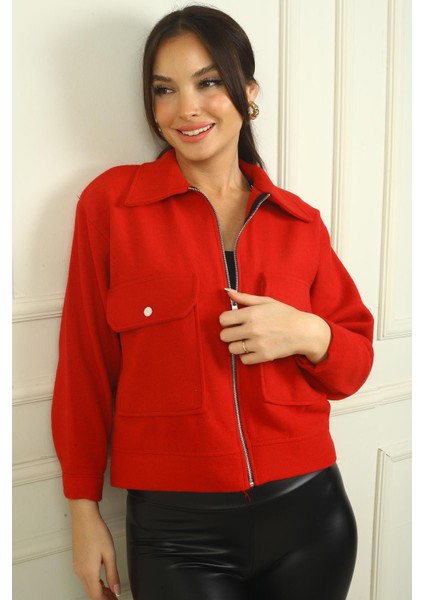 Kadın Önü Fermuarlı Torba Cepli Kaşe Kısa Mont