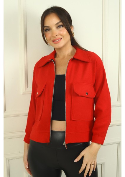 Kadın Önü Fermuarlı Torba Cepli Kaşe Kısa Mont fiyatları