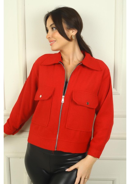 Kadın Önü Fermuarlı Torba Cepli Kaşe Kısa Mont modelleri