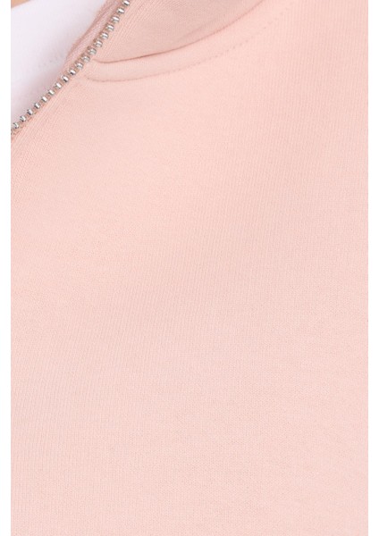 Kadın Relax Fit Rahat Kesim Pamuklu Içi Polarlı Yarım Fermuarlı Somon Dik Yaka Sweatshirt