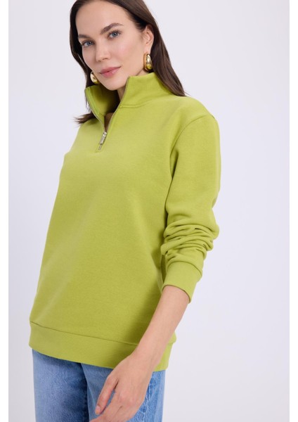 Kadın Relax Fit Rahat Kesim Pamuklu Içi Polarlı Yarım Fermuarlı Yeşil Dik Yaka Sweatshirt fiyatları
