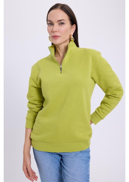 Kadın Relax Fit Rahat Kesim Pamuklu Içi Polarlı Yarım Fermuarlı Yeşil Dik Yaka Sweatshirt fırsatları