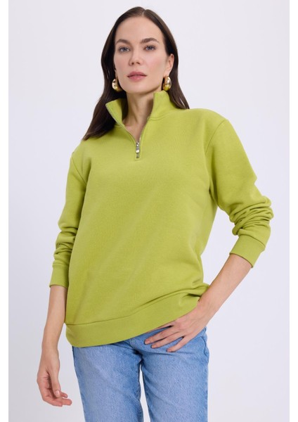 Kadın Relax Fit Rahat Kesim Pamuklu Içi Polarlı Yarım Fermuarlı Yeşil Dik Yaka Sweatshirt indirimleri