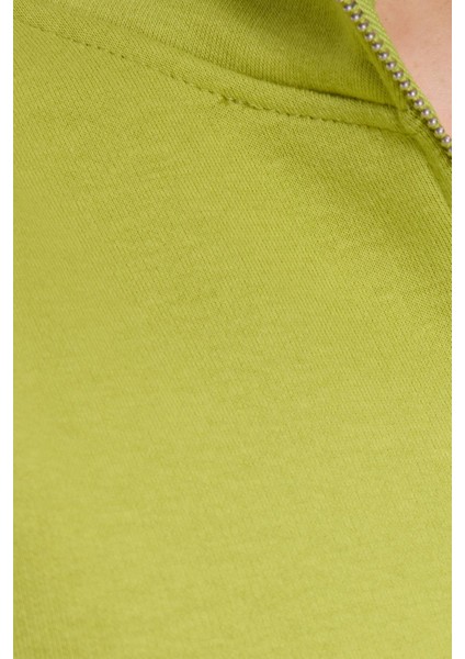 Kadın Relax Fit Rahat Kesim Pamuklu Içi Polarlı Yarım Fermuarlı Yeşil Dik Yaka Sweatshirt