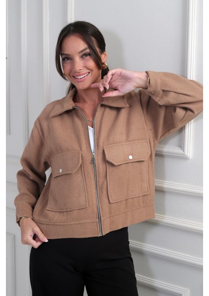 Kadın Önü Fermuarlı Torba Cepli Kaşe Kısa Mont fiyatları