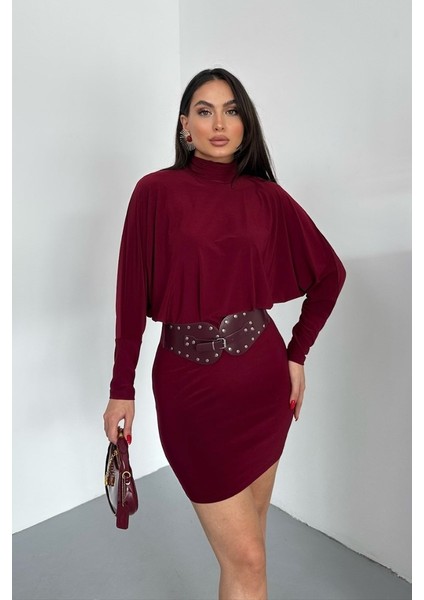 Kadın Elbise Mini Şık Kemerli Yarım Balıkçı Yaka Uzun Yarasa Kollu Dökümlü Sandy Elbise