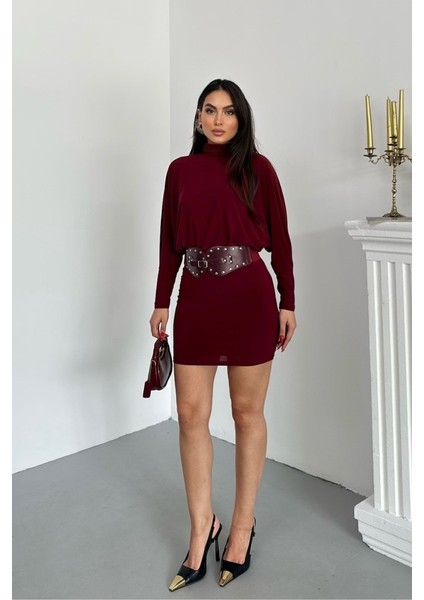 Kadın Elbise Mini Şık Kemerli Yarım Balıkçı Yaka Uzun Yarasa Kollu Dökümlü Sandy Elbise modelleri