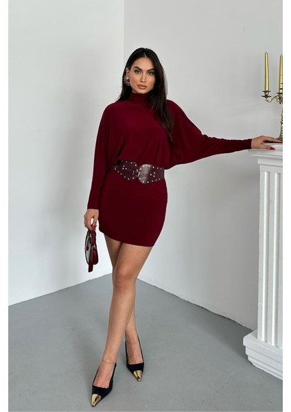 Kadın Elbise Mini Şık Kemerli Yarım Balıkçı Yaka Uzun Yarasa Kollu Dökümlü Sandy Elbise fırsatları