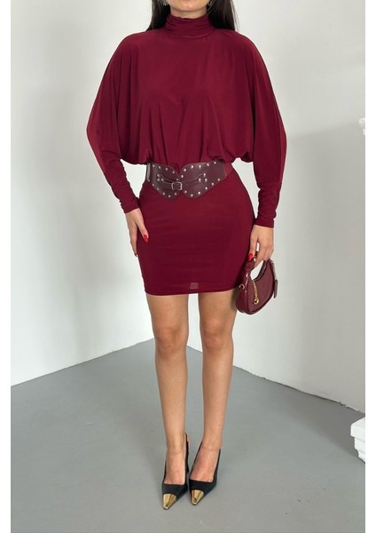 Kadın Elbise Mini Şık Kemerli Yarım Balıkçı Yaka Uzun Yarasa Kollu Dökümlü Sandy Elbise