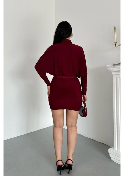 Kadın Elbise Mini Şık Kemerli Yarım Balıkçı Yaka Uzun Yarasa Kollu Dökümlü Sandy Elbise