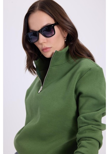 Kadın Relax Fit Rahat Kesim Pamuklu Içi Polarlı Yarım Fermuarlı Yeşil Dik Yaka Sweatshirt fiyatları