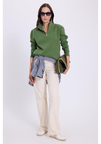 Kadın Relax Fit Rahat Kesim Pamuklu Içi Polarlı Yarım Fermuarlı Yeşil Dik Yaka Sweatshirt fırsatları