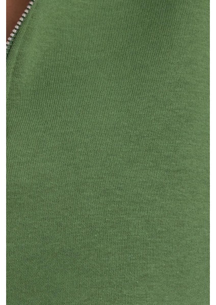Kadın Relax Fit Rahat Kesim Pamuklu Içi Polarlı Yarım Fermuarlı Yeşil Dik Yaka Sweatshirt