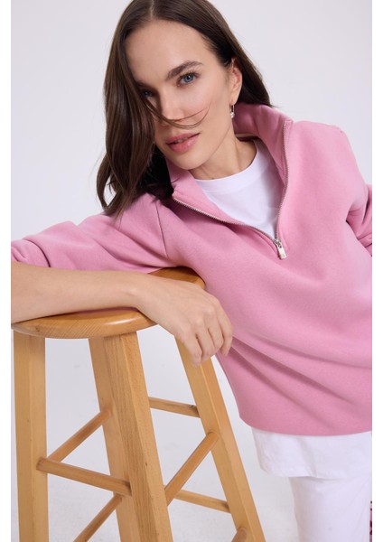 Kadın Relax Fit Rahat Kesim Pamuklu Içi Polarlı Yarım Fermuarlı Lila Dik Yaka Sweatshirt fiyatları