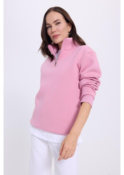 Kadın Relax Fit Rahat Kesim Pamuklu Içi Polarlı Yarım Fermuarlı Lila Dik Yaka Sweatshirt fırsatları