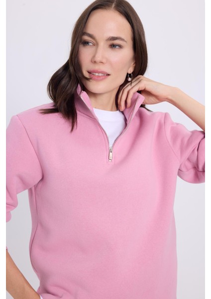 Kadın Relax Fit Rahat Kesim Pamuklu Içi Polarlı Yarım Fermuarlı Lila Dik Yaka Sweatshirt indirimleri