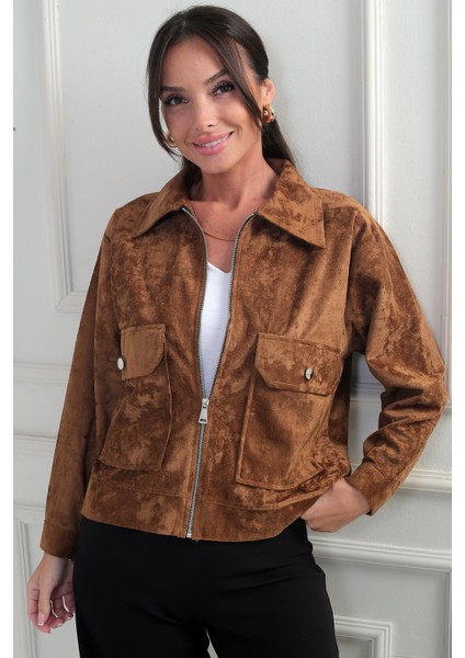 Kadın Torba Cepli Önü Fermuarlı Süet Mont